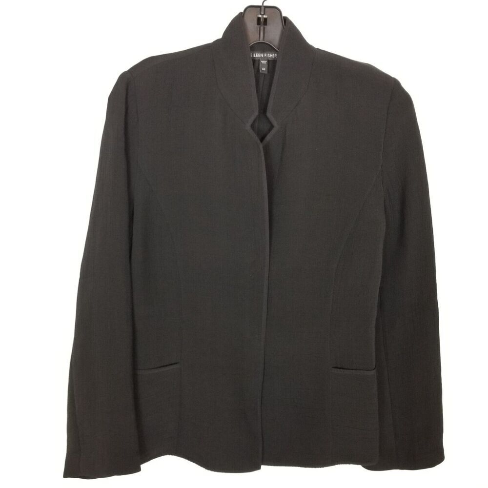 Eileen Fisher Women Silk‎ Blend Blazer Sz XS Black Snap Front Pockets Preppy